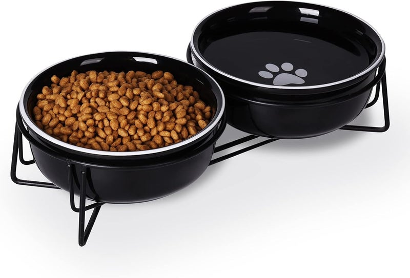 GDCZ Ceramics Raised Cat Bowls with Heighten Metal Stand,15 Ounces (Black) - Image 1